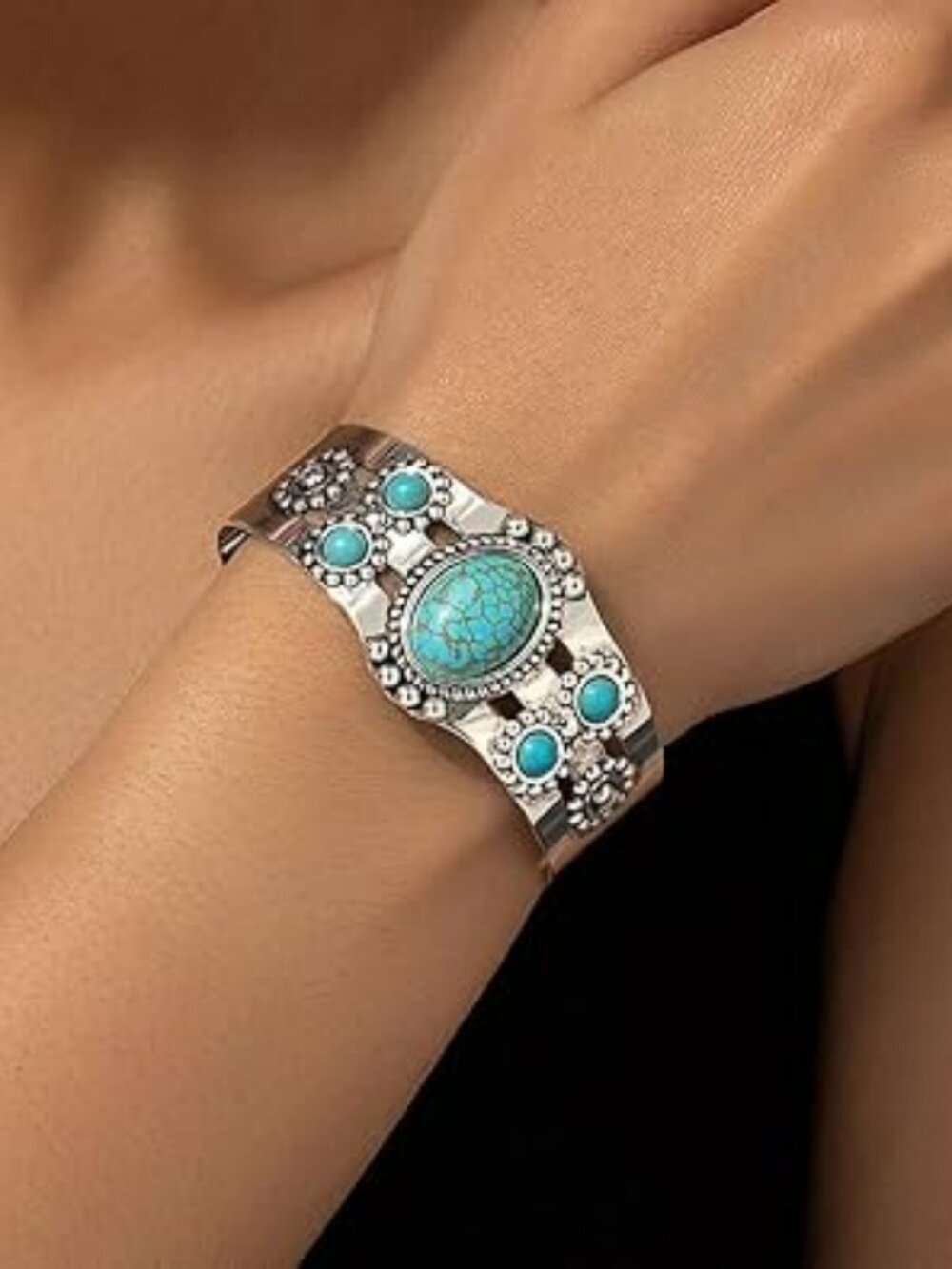 NEW Turquoise Stone Cuff Bracelet Silver Tone Bangle Boho Statement Trendy